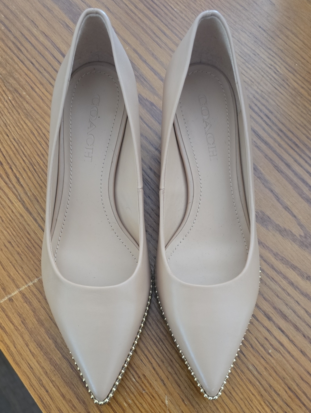 Coach Women's Pointed Leather Flats in Light Taupe with Stud Trim